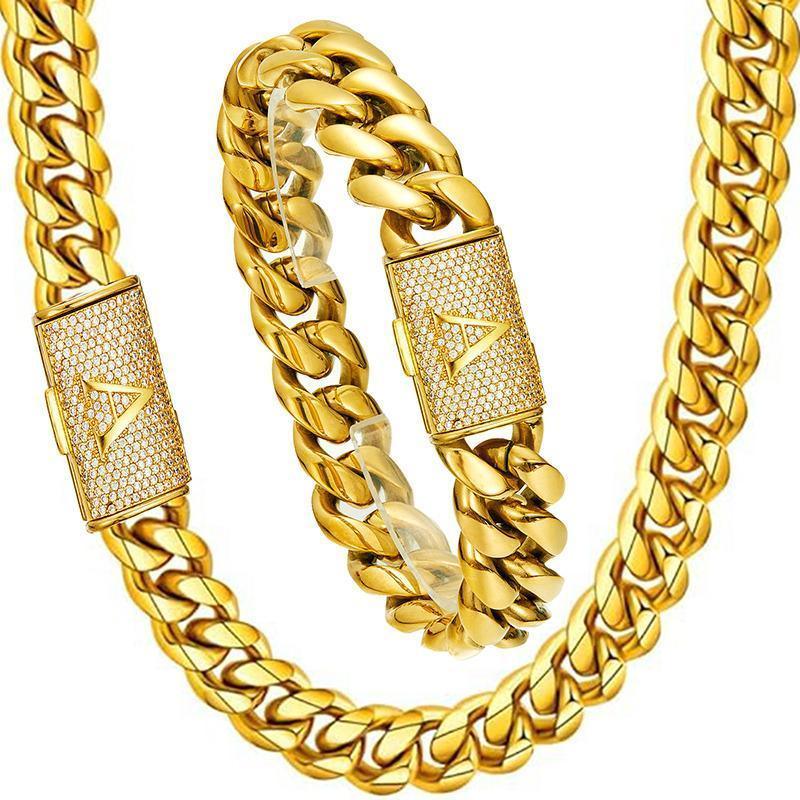 CARÁTIX 14mm Black Cuban Miami Link Chain Necklace – Stainless Steel Iced Out Letter Button Hip Hop Jewelry for Men - CaratixJewelry